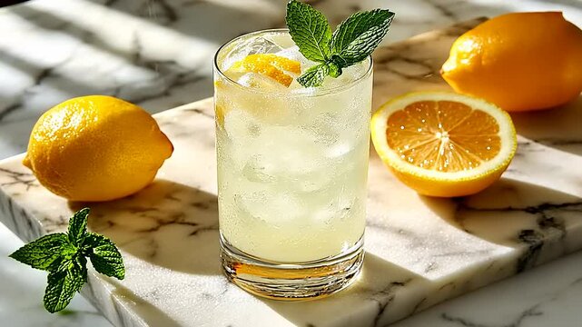Refreshing lemonade with ice, mint, and lemons on a marble surface under sunlight