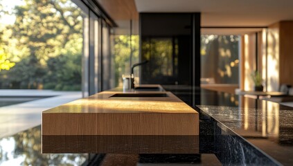 Sunlight illuminates a modern kitchen's wooden counter, contrasting dark stone, sleek sinks, and glass doors revealing a tranquil poolside view