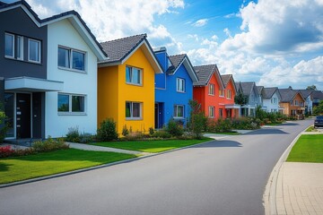 Colorful row of modern suburban houses under a partly cloudy blue sky with well-kept lawns and a clean paved road, evoking calm and order