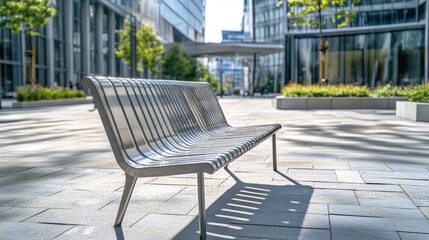 Modern metal bench in urban plaza, sunlight and shadows, city background