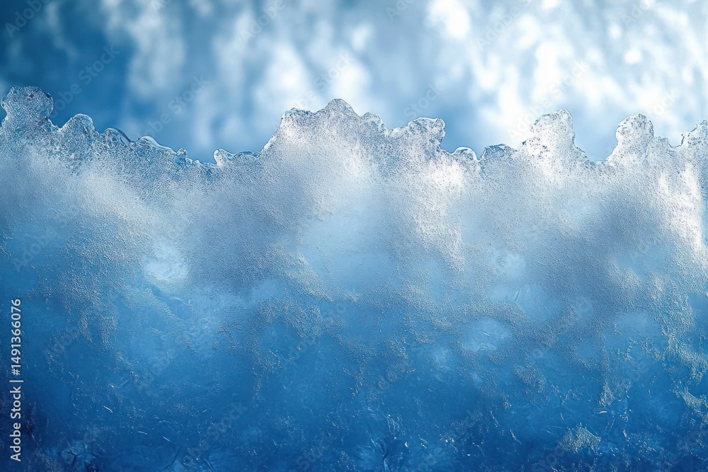 Poster close-up of a delicate frost pattern on a blue translucent surface with a natural crystalline textur