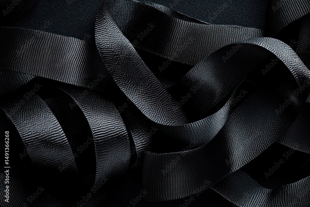 Poster textured black satin ribbons curled and intertwined on a black background creating a smooth and eleg