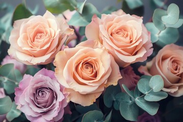 Fototapeta premium Close-up view of a bouquet featuring soft peach and light violet roses surrounded by silvery eucalyptus leaves, evoking a gentle and romantic atmosphere