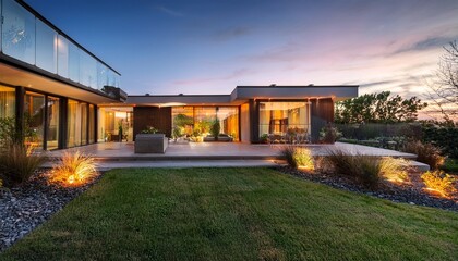 Obraz premium a modern house with large windows glowing warm lights and a beautifully landscaped yard