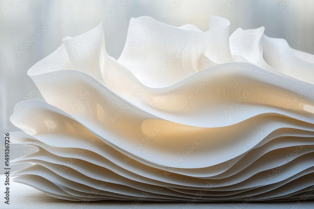 Poster close-up of delicate white layered fabric or paper forming soft, flowing abstract shapes with smooth