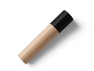 A light beige cylindrical container with a black cap casts a subtle shadow on a white background; possibly a concealer or foundation tube