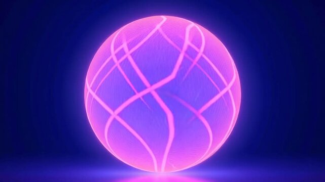 Glowing sphere on blue background. Holographic orb on gradient. Geometric circle shape, neon graphic ultraviolet ball pink magenta blue. Looped. Digital sphere background.