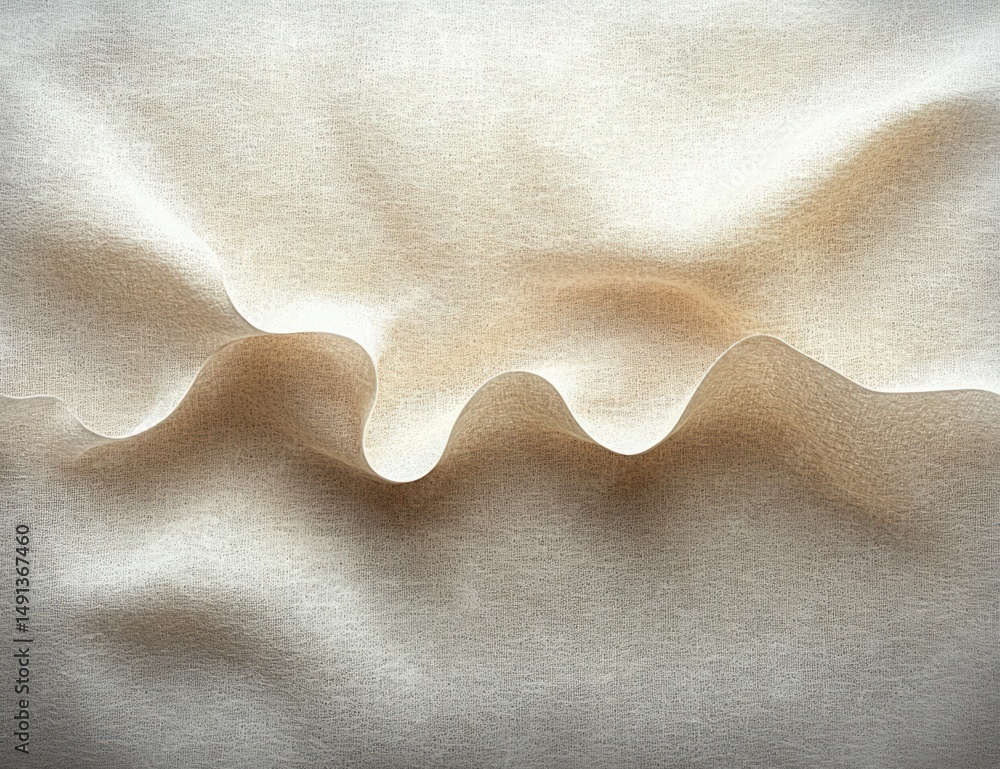 Poster close-up of soft beige fabric with gentle, wavy folds creating a smooth and delicate texture under s