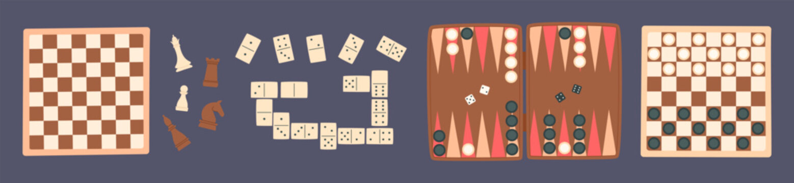 Flat strategy board game set with chess, checkers, domino, backgammon, and mahjong. Boardgame pieces, including dice and tiles, arranged on table. Fun tabletop activity for strategy, leisure, or