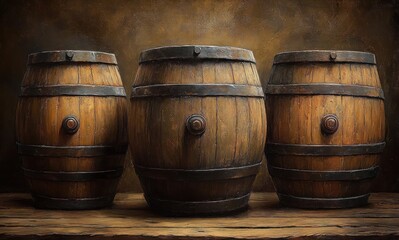 Fototapeta premium Three large wooden barrels with metal bands placed side by side on a rustic wooden surface against a warm brown textured background