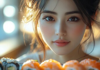 Close-up portrait of a young woman with glowing skin and natural makeup looking directly at the camera with a soft smile, warm light highlights her hair, sushi in foreground