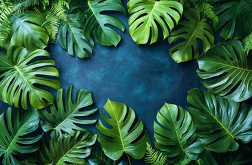 Fototapeta premium Lush Green Tropical Leaves Frame on Dark Blue Background
