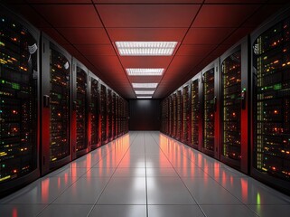 Long symmetrical corridor of illuminated server racks in a modern data center with reflective tiled floor and overhead fluorescent lighting creating a high-tech atmosphere