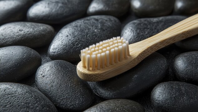 A light-colored bamboo toothbrush rests on a bed of dark, smooth stones, showcasing its natural material and minimalist design