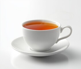 Obraz premium Steaming cup of hot tea in a white ceramic cup placed on a matching saucer against a clean white background