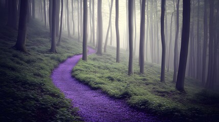 Fototapeta premium Enchanted Purple Flower Path in Misty Forest
