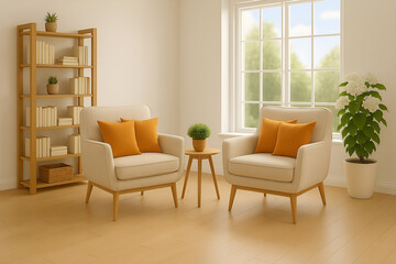 Obraz premium Modern Living Room with Wooden Bookshelf and Orange Accent Pillows