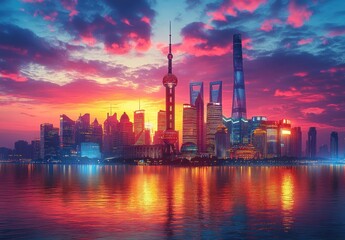 Naklejka premium Colorful city skyline at sunset with towering modern skyscrapers reflecting on calm water, vibrant clouds creating dramatic atmosphere