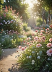 Soft, diffused light illuminates a gently blurred floral garden , beautiful, visual, art