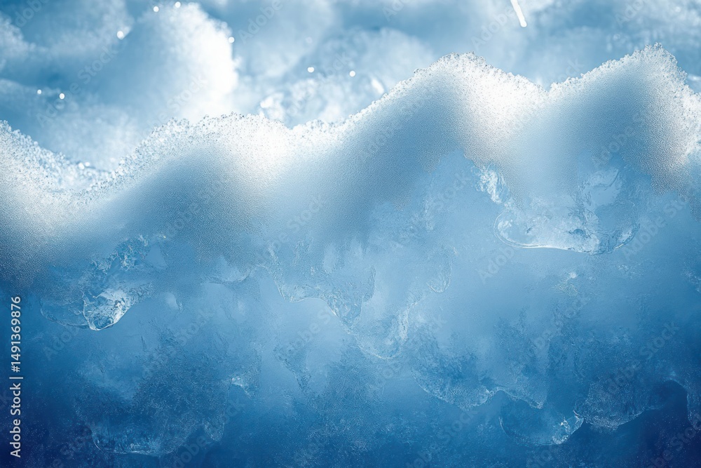 Poster close-up of translucent ice formations with frosty texture illuminated by soft light creating a cold