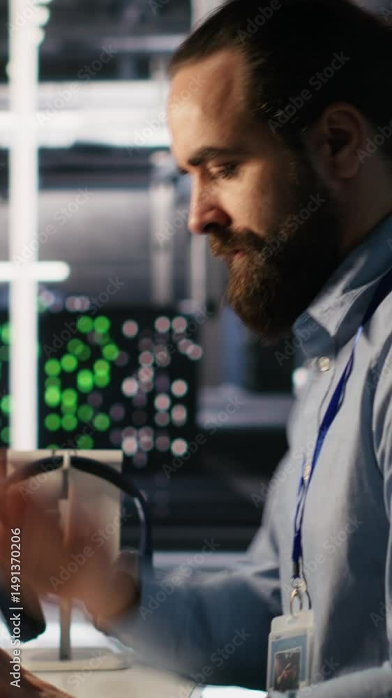Poster vertical video engineer in data center frustrated by critical error popup on monitor during diagnost