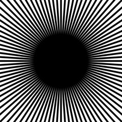 Straight radial lines in square shape. Black sun rays isolated on white background. Print with hypnotic effect. Sunburst sign. Radiance, explosion or firework design. Vector graphic illustration.