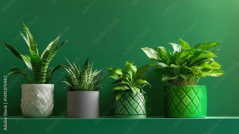 Poster balanced display of three houseplants in geometric pots with green backdrop
