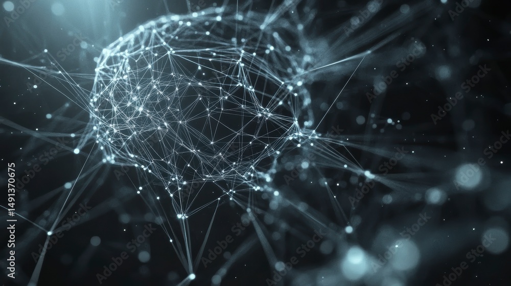 Poster Abstract plexus network sphere with glowing nodes and connections on dark background.