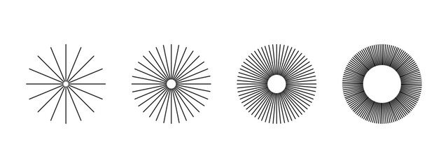 Straight radial lines in round shapes. Fireworks icons. Sun rays pictograms. Sunbeam signs. Radiance, energy or explosion symbols isolated on white background. Vector graphic illustration.