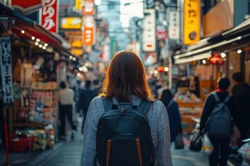 Person with backpack walking through a busy urban street filled with vibrant shop signs and crowded with people in an energetic city atmosphere
