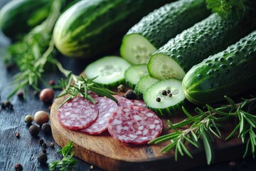 Sliced salami and cucumbers arranged on a rustic wooden board with rosemary, peppercorns, and other herbs