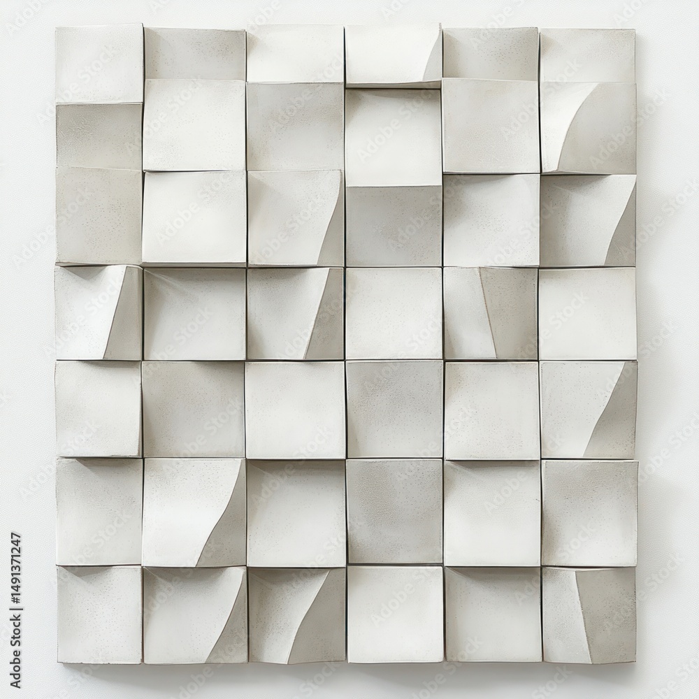 Poster a grid of 36 white square panels with some panels folded or bent creating varying concave and convex