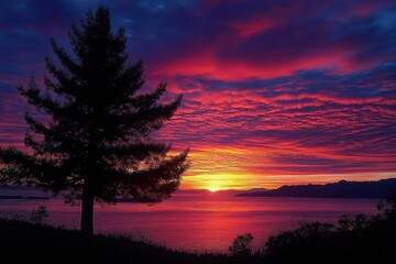 Fototapeta premium Silhouette of a tall pine tree against a vibrant multicolored sunset sky over a calm body of water with distant mountains on the horizon