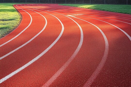 Empty curved running track with bright red surface and white lane markings surrounded by green grass under soft sunlight