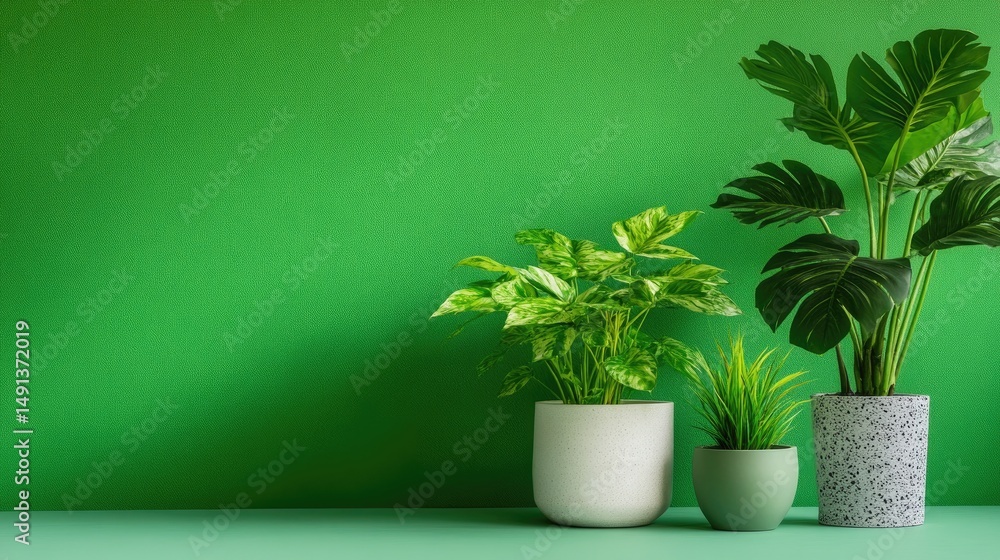 Poster a soft green background complementing three unique potted houseplants