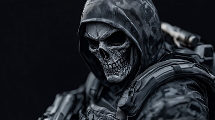 Futuristic grim reaper soldier wearing skull mask and tactical gear
