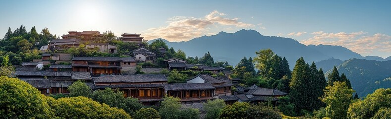 Panoramic view of traditional wooden houses with tiled roofs nestled among lush green trees on a hillside under a bright blue sky with distant mountains in the background