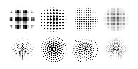 Set of dotted circles with halftone fade effect. Round shapes with polka dot pattern isolated on white background. Circular design elements with spotted texture. Vector graphic illustration.