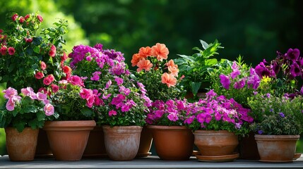 A lively terrace garden featuring bright blooms in classic terracotta pots