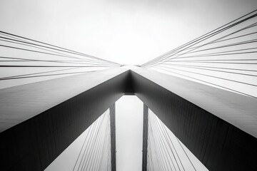 Obraz premium Monochrome low-angle view of a modern cable-stayed bridge with symmetrical cables stretching upwards into the sky, showcasing architectural strength and minimalistic design