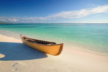 Obraz premium wooden canoe resting on pristine white sandy beach beside clear turquoise sea under bright blue sky with scattered white clouds