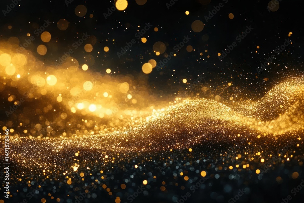 Aufkleber abstract sparkling golden particles creating a wave-like flow against a dark background, evoking a s