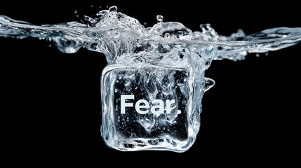 Ice cube labeled fear plunging into water
