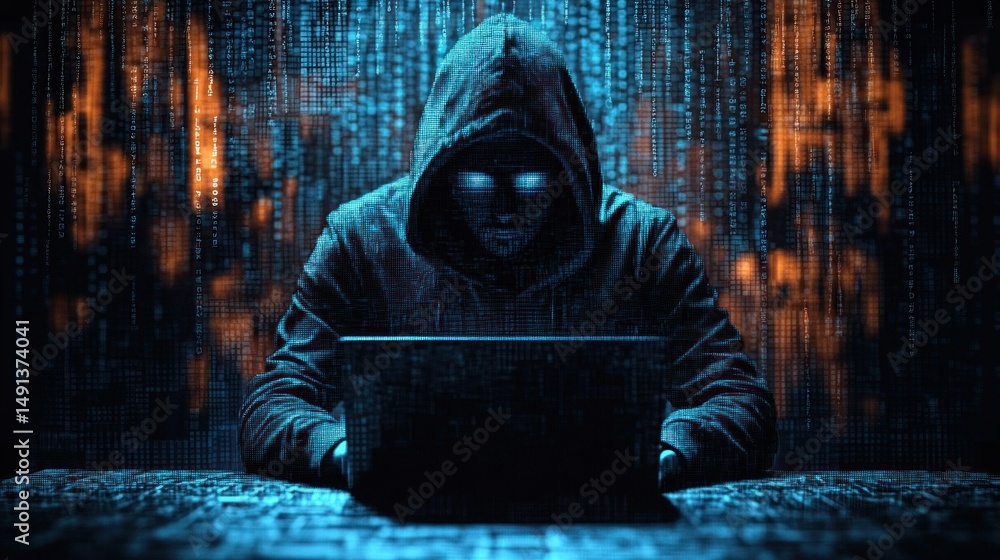 Poster mysterious hooded figure with glowing eyes working on a laptop surrounded by cascading digital code 