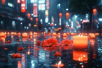 Rainy Night City Street Scene with Burning Candles and Red Flowers