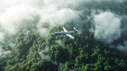 A conceptual image of sustainable aviation, showcasing a plane soaring over a lush forest, powered by biofuel green energy, surrounded by misty white clouds, symbolizing the future of eco-friendly 