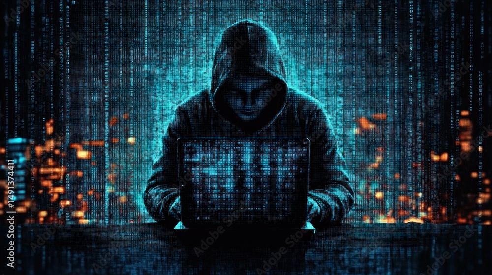 Poster mysterious hooded figure working on a laptop surrounded by blue digital code streams and glowing ora