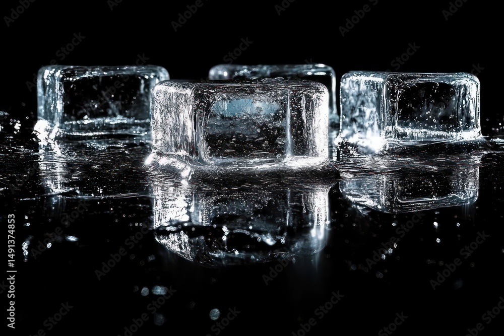 Poster close-up of several melting ice cubes on a reflective black surface with water droplets creating a c
