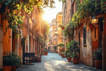 Sunlit narrow cobblestone street lined with terracotta buildings adorned with vibrant potted plants and greenery under a warm golden light