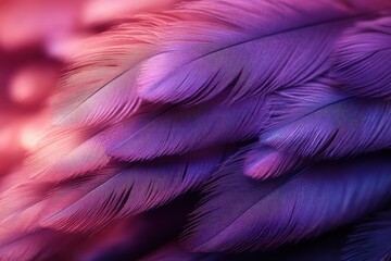Obraz premium Close-up view of layered purple and pink bird feathers with soft light highlighting delicate textures and fine details